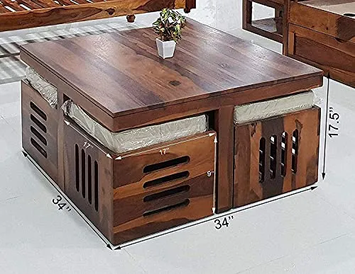 Md Decor Square Coffee Table with Four Stools | Modern Natural Wood Coffee Table | Spindle Center Table | Natural Fibrous Coffee Table in Teak Finish