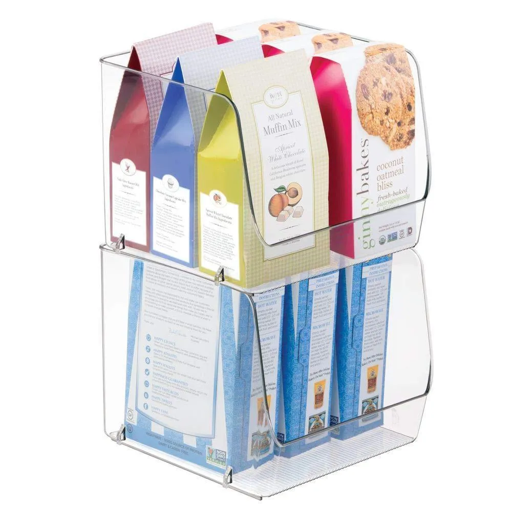 mDesign Large Household Stackable Plastic Food Storage Organizer Bin Basket with Wide Open Front for Kitchen Cabinets, Pantry, Offices, Closets, Bedrooms, Bathrooms - Cube - 7.75" Wide, 4 Pack - Clear