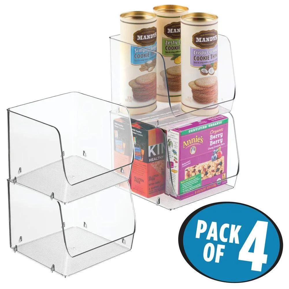 mDesign Large Household Stackable Plastic Food Storage Organizer Bin Basket with Wide Open Front for Kitchen Cabinets, Pantry, Offices, Closets, Bedrooms, Bathrooms - Cube - 7.75" Wide, 4 Pack - Clear