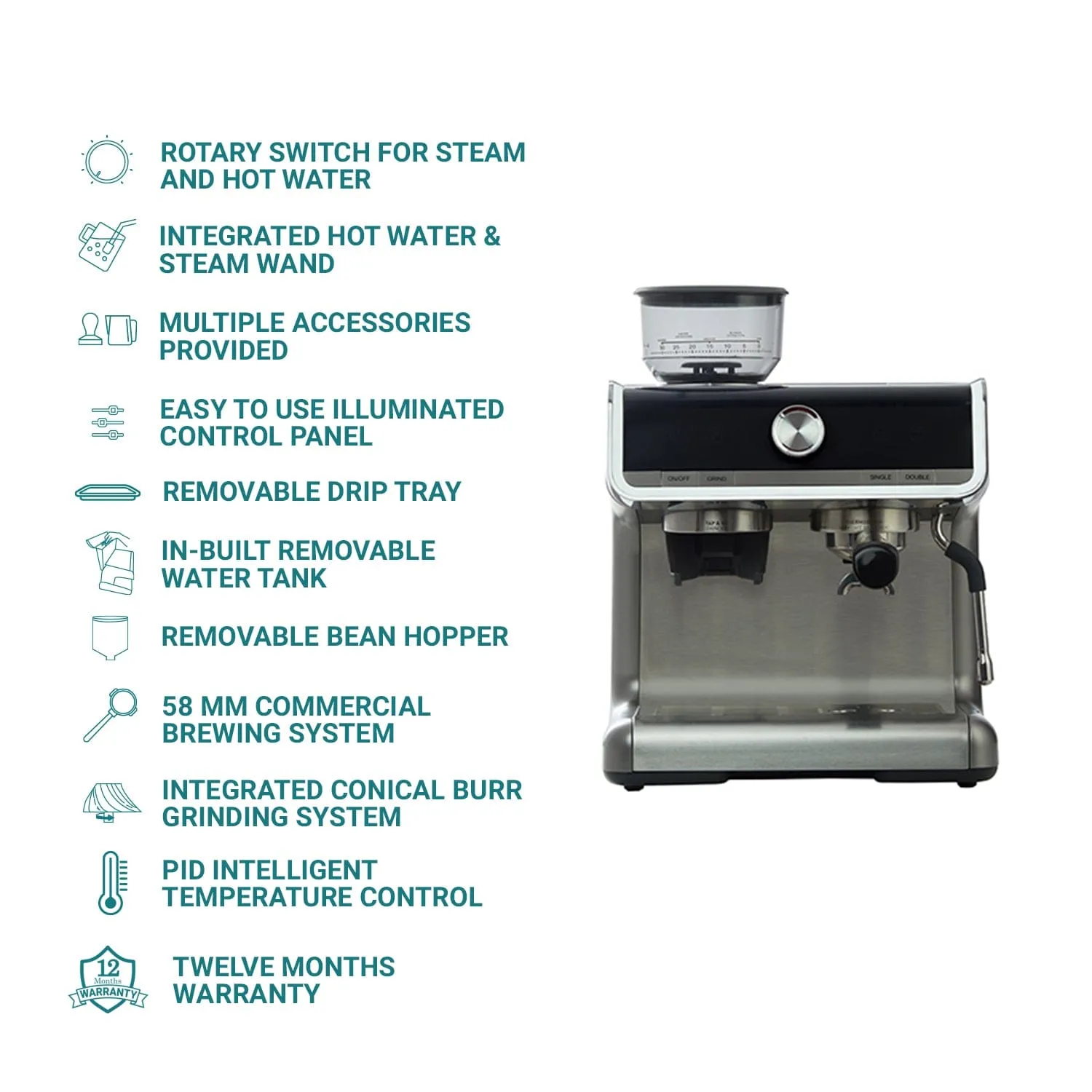 Refurbished | Budan Espresso Machine with Built-In Grinder, PID Control, 15 Bars Pressure, Steam Wand, Removable Water Tank and comes with Steel Tamper and milk Pitcher  | Refurbished