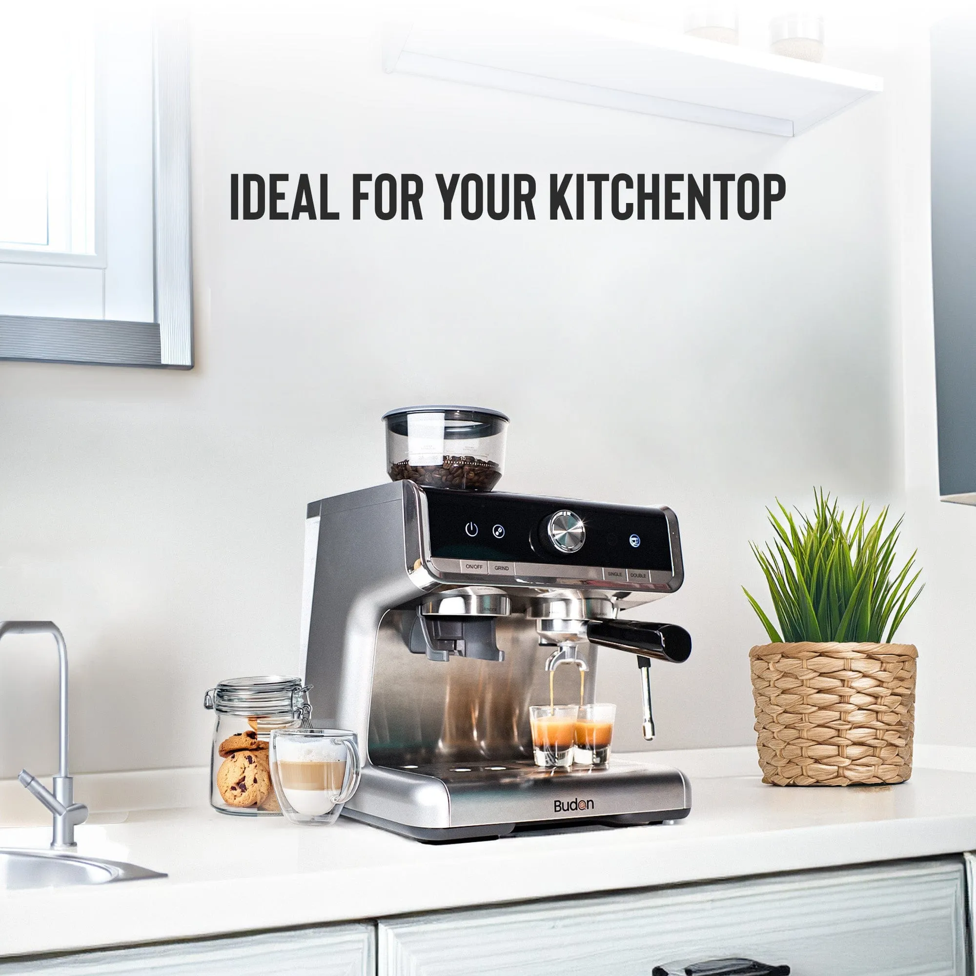 Refurbished | Budan Espresso Machine with Built-In Grinder, PID Control, 15 Bars Pressure, Steam Wand, Removable Water Tank and comes with Steel Tamper and milk Pitcher  | Refurbished