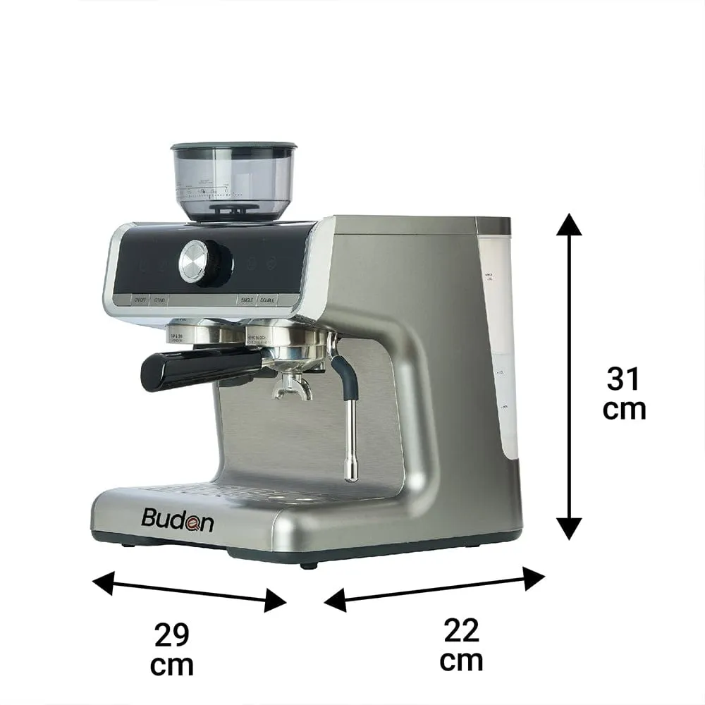 Refurbished | Budan Espresso Machine with Built-In Grinder, PID Control, 15 Bars Pressure, Steam Wand, Removable Water Tank and comes with Steel Tamper and milk Pitcher  | Refurbished