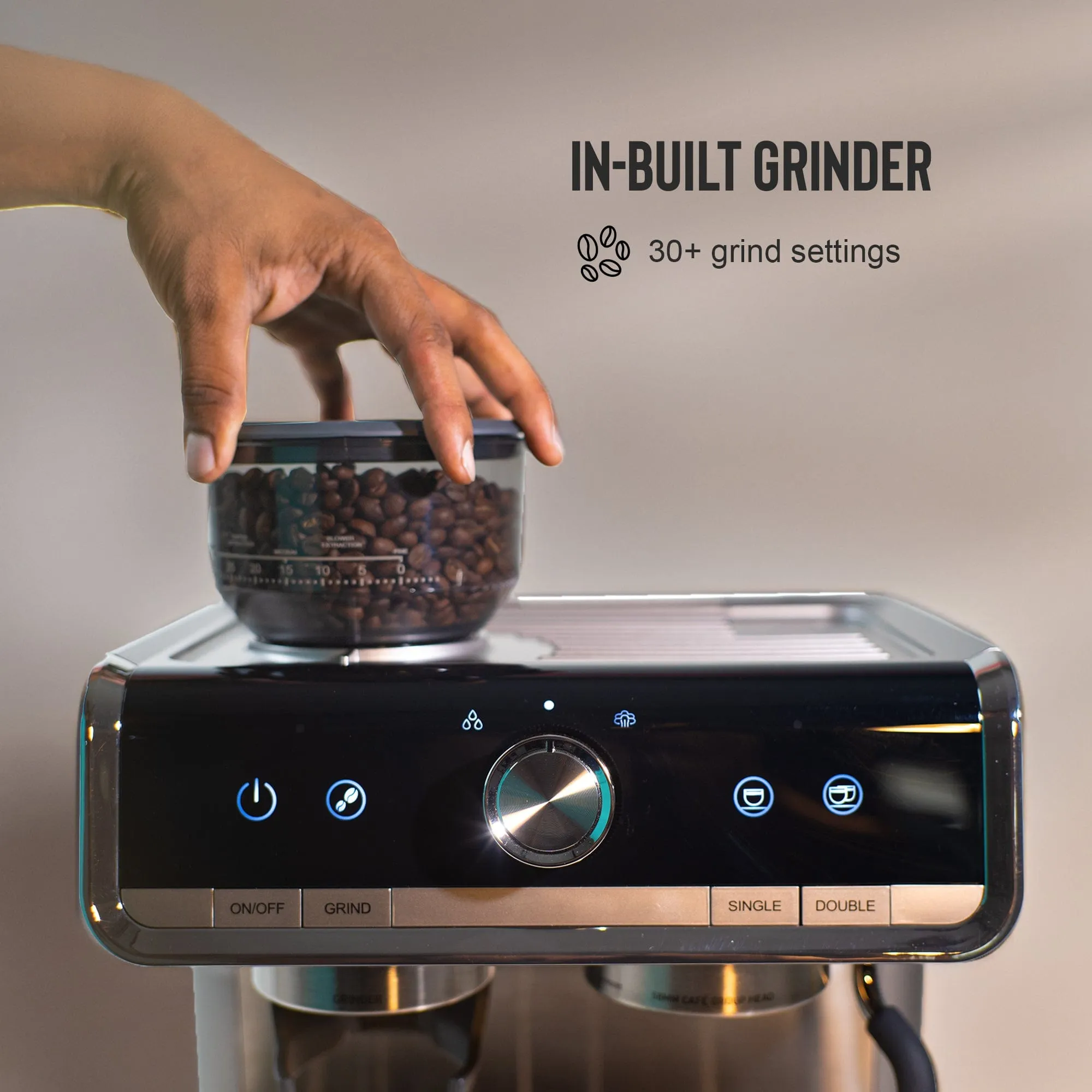 Refurbished | Budan Espresso Machine with Built-In Grinder, PID Control, 15 Bars Pressure, Steam Wand, Removable Water Tank and comes with Steel Tamper and milk Pitcher  | Refurbished