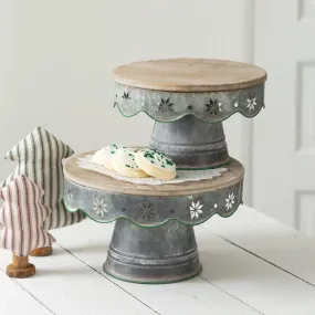 SET OF TWO METAL/WOOD CHRISTMAS DESSERT STANDS