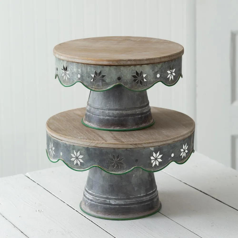 SET OF TWO METAL/WOOD CHRISTMAS DESSERT STANDS