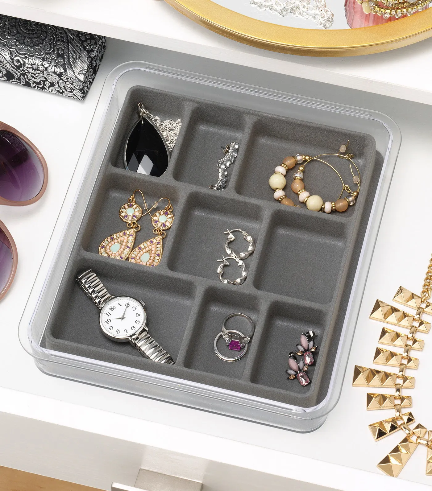 Stackable 9 Section Jewelry Trays Gray