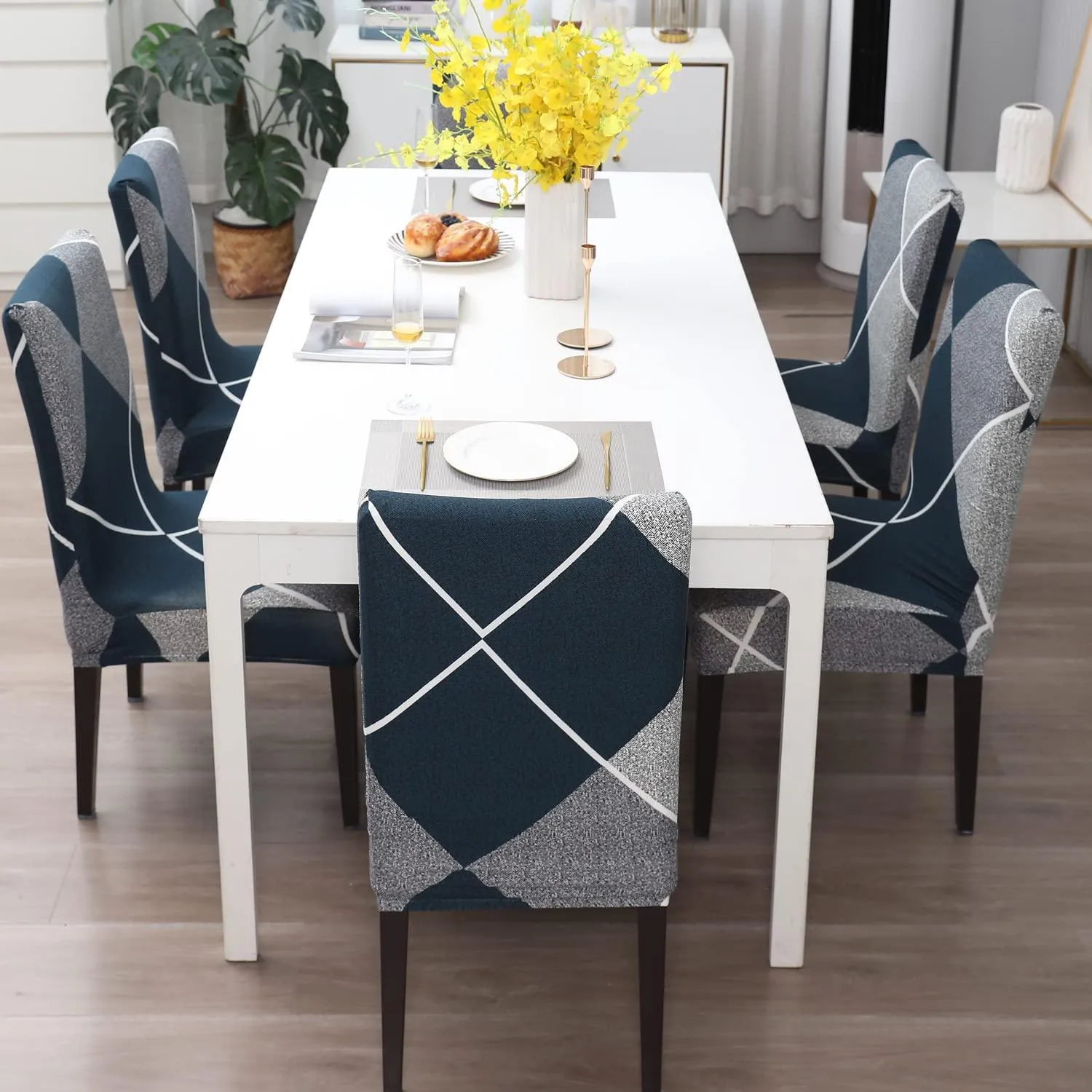 Stretchable Chair Covers, Checkerplaid Blue