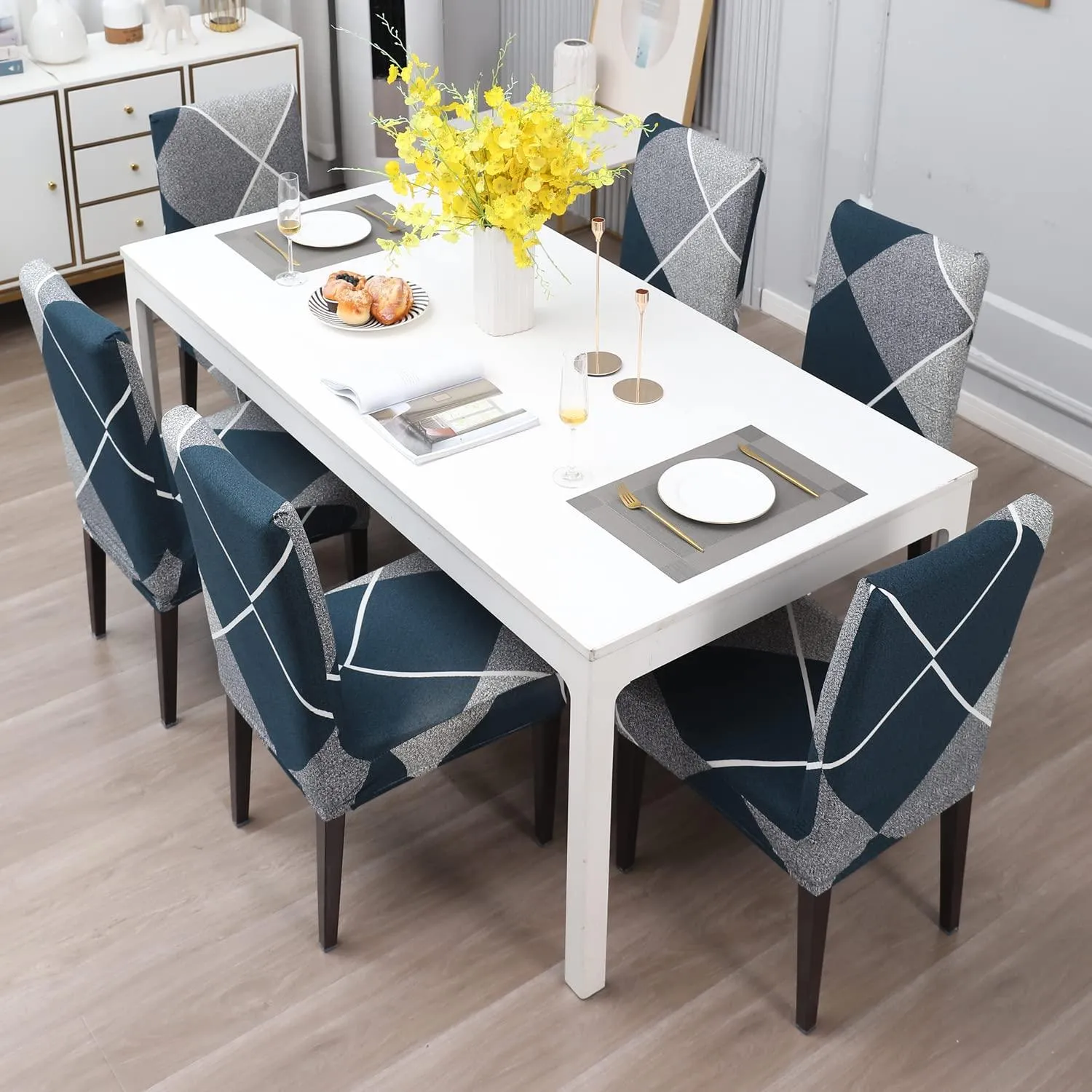 Stretchable Chair Covers, Checkerplaid Blue