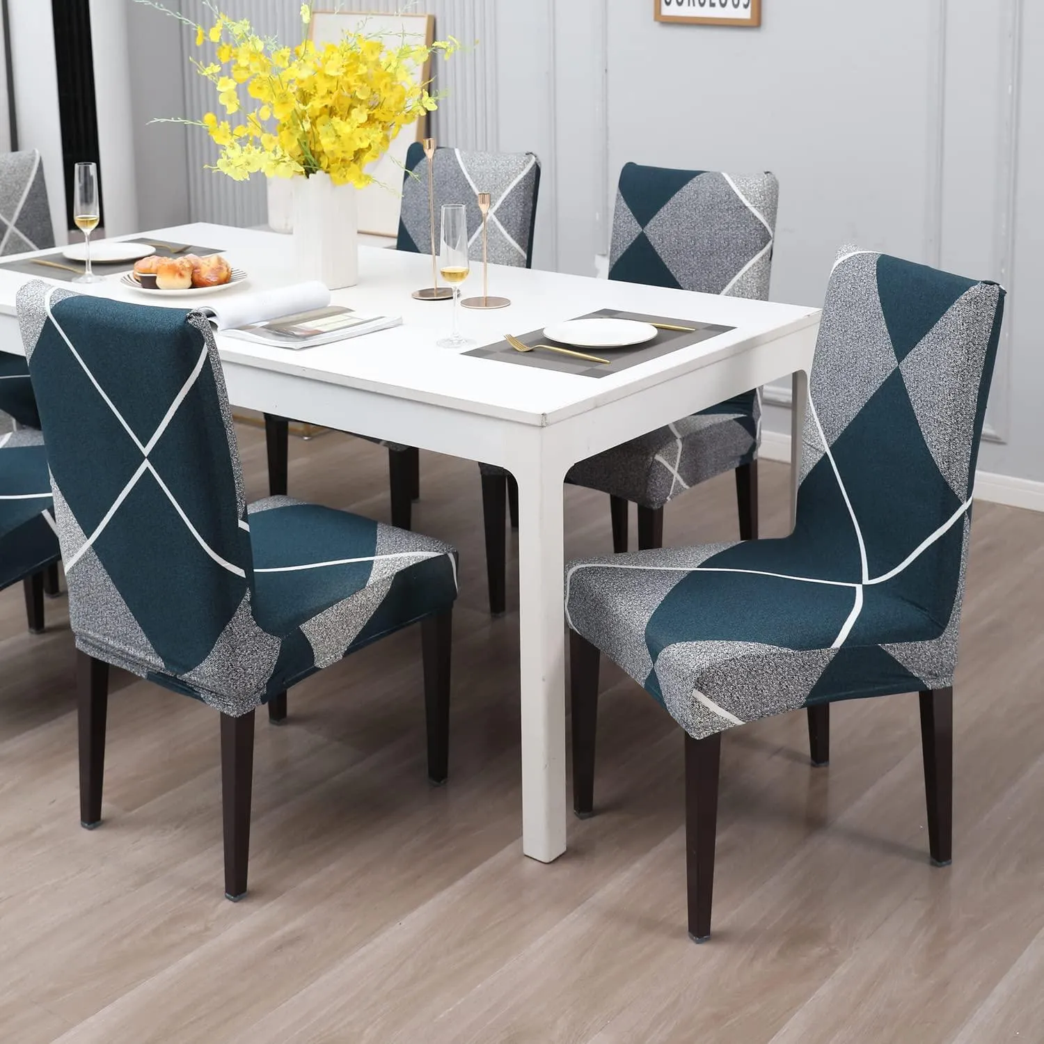 Stretchable Chair Covers, Checkerplaid Blue