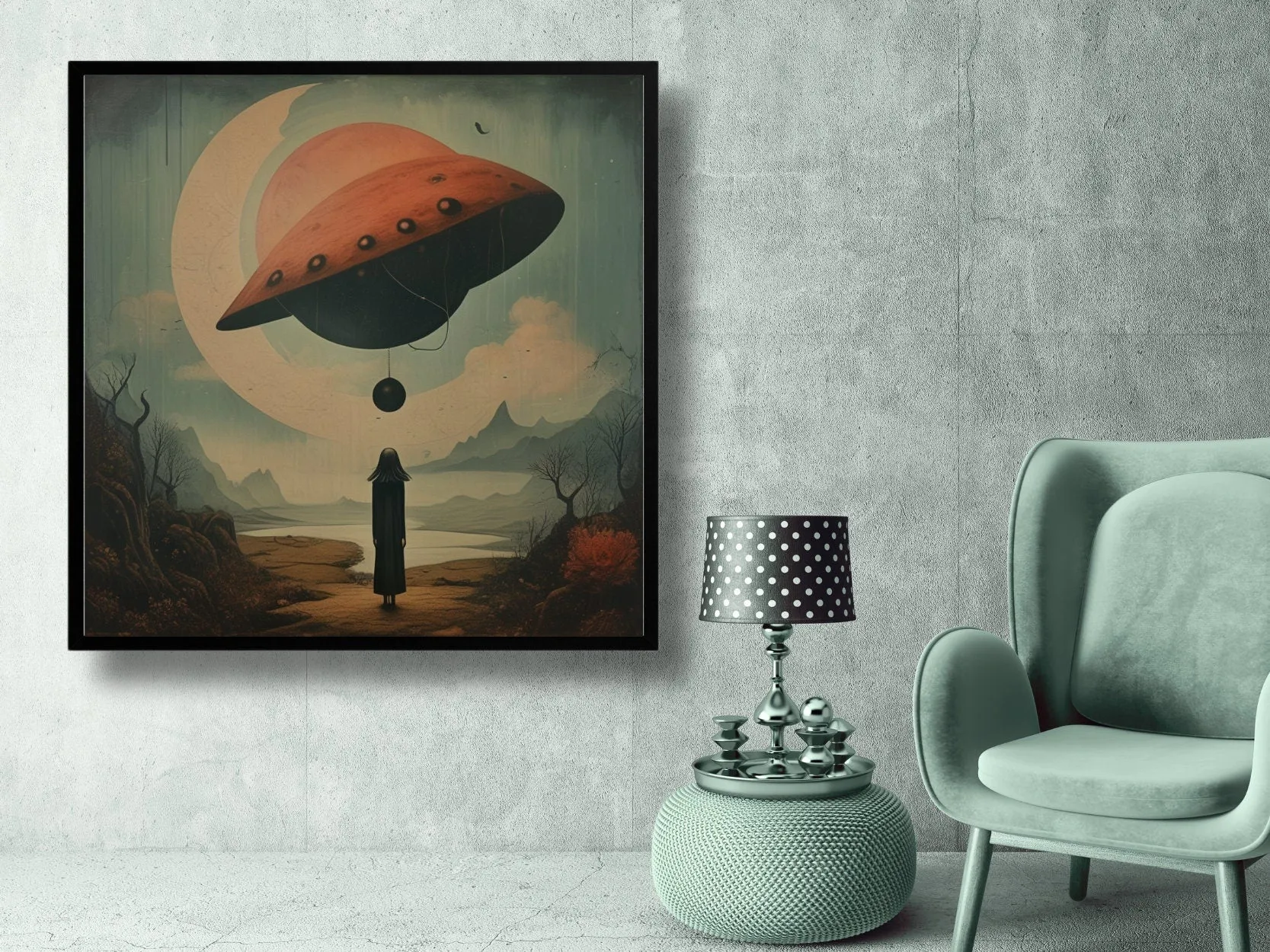 Surreal Alien spaceship Landscape Wall Art, Digital Download, Mysterious Figure with UFO