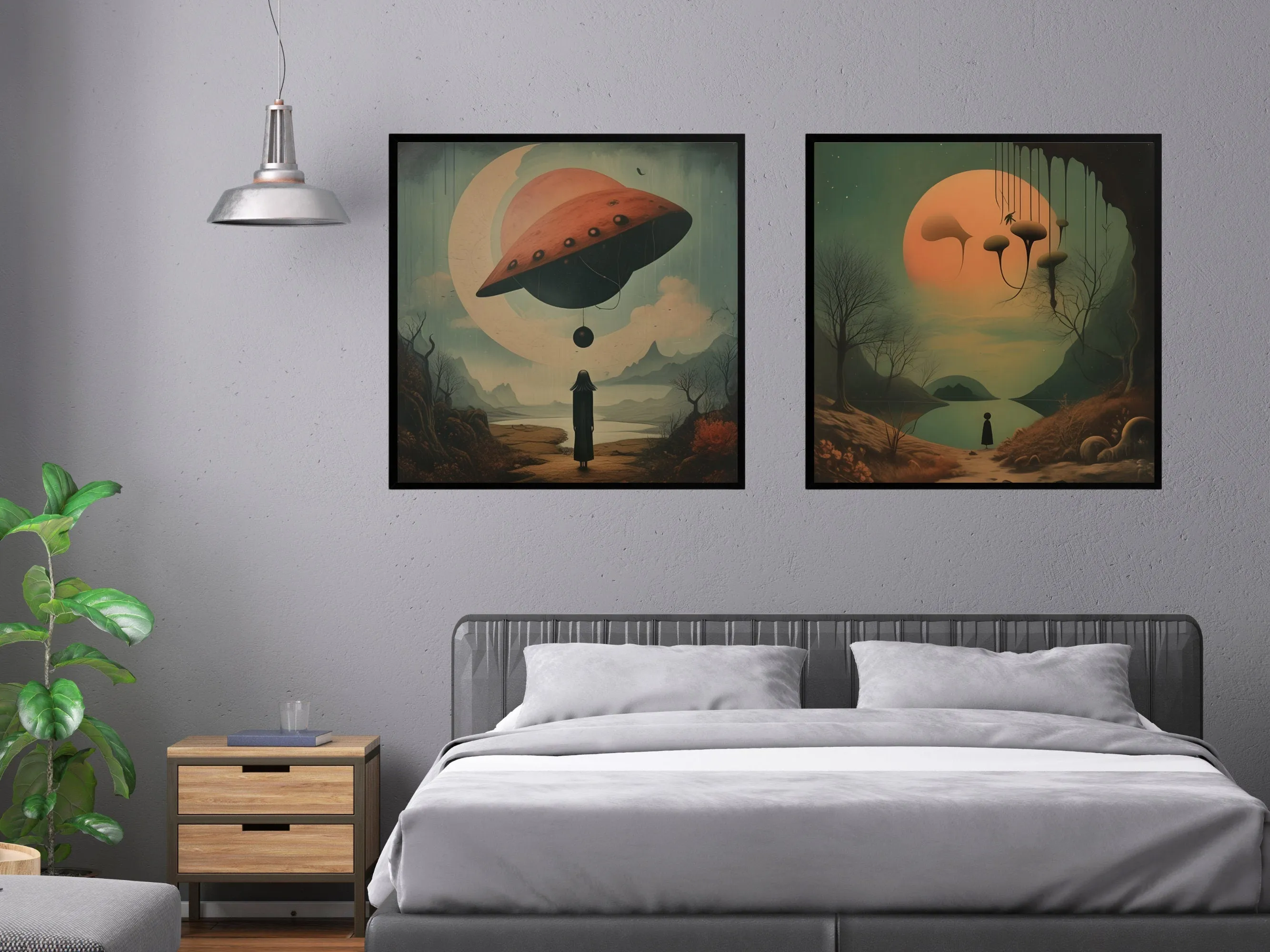Surreal Alien spaceship Landscape Wall Art, Digital Download, Mysterious Figure with UFO