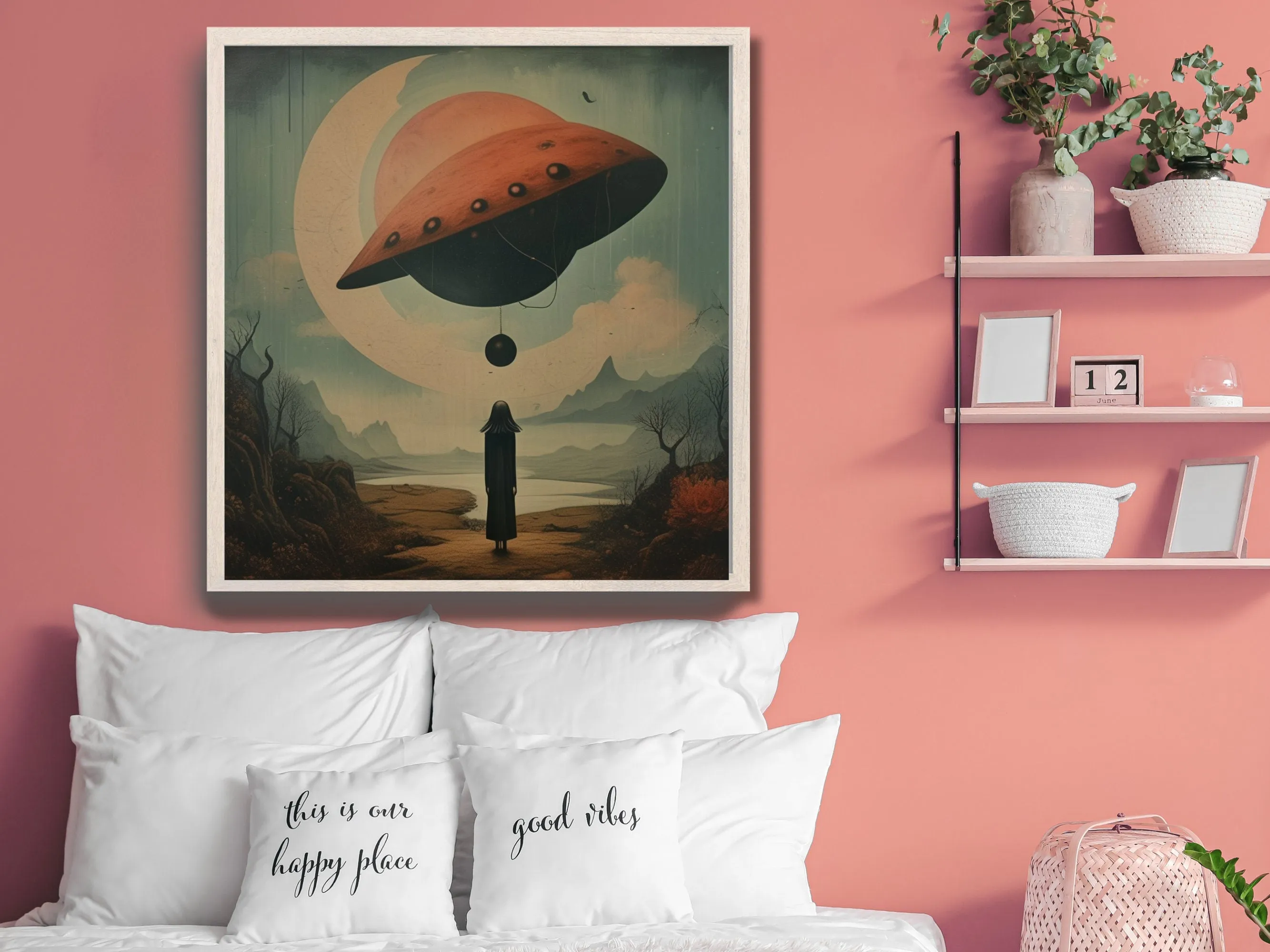 Surreal Alien spaceship Landscape Wall Art, Digital Download, Mysterious Figure with UFO