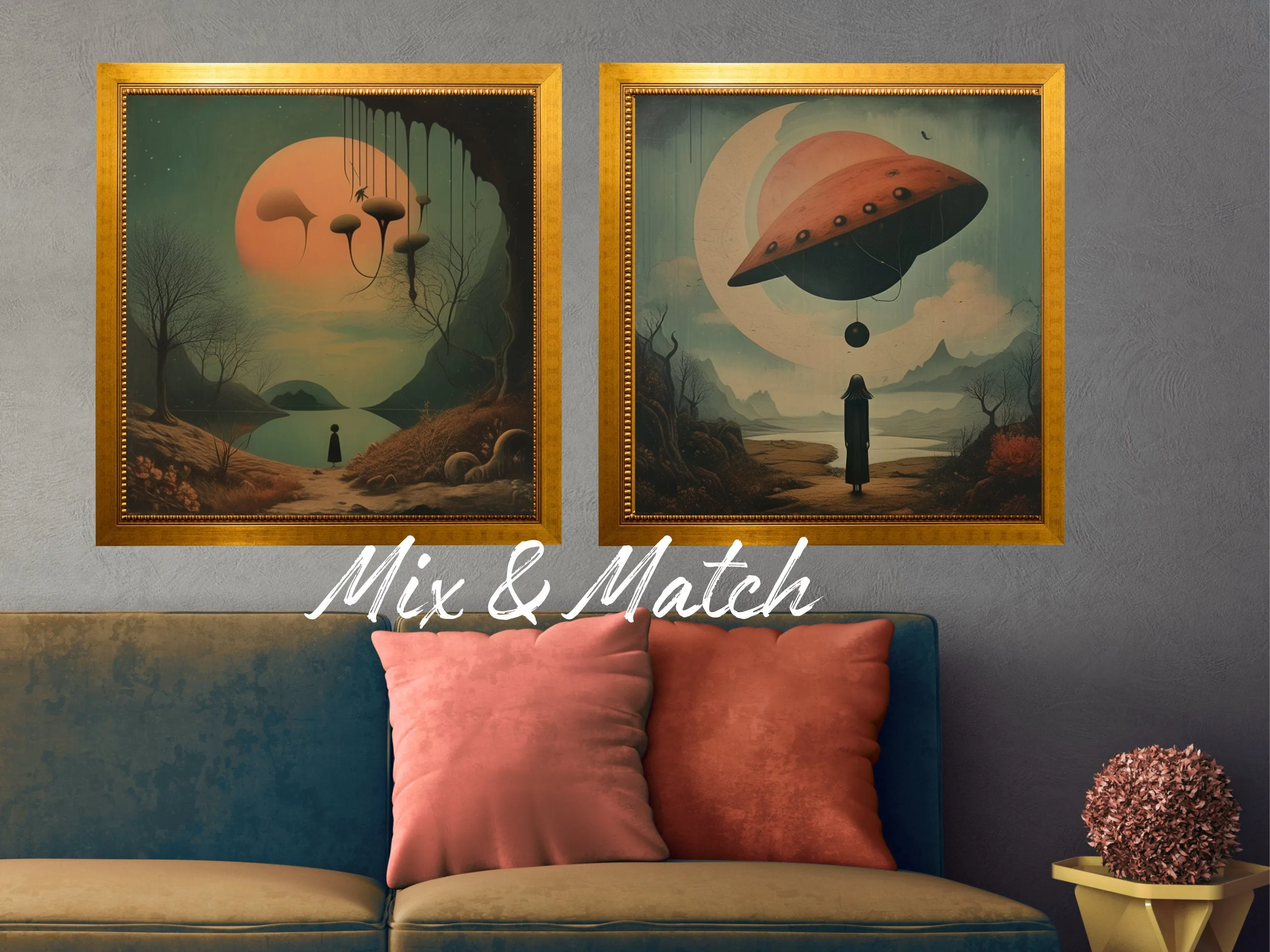 Surreal Alien spaceship Landscape Wall Art, Digital Download, Mysterious Figure with UFO