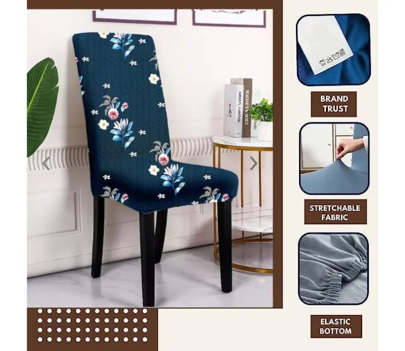 Trendily Premium Wrinkle-Free | Elastic Stretchable | Washable|Dining Table & Chair Cover Dark Blue Botanical (CC-132)