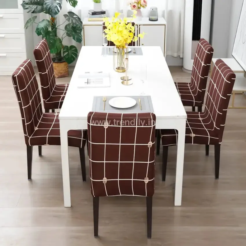 Trendily Premium Wrinkle-Free Stretchable |  Elastic Stretch | Chair Covers, Check Brown (CC-024)