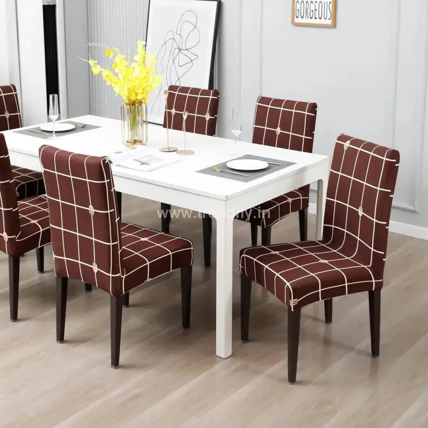 Trendily Premium Wrinkle-Free Stretchable |  Elastic Stretch | Chair Covers, Check Brown (CC-024)