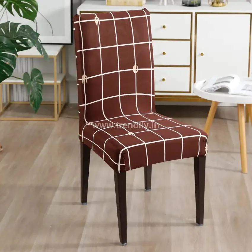 Trendily Premium Wrinkle-Free Stretchable |  Elastic Stretch | Chair Covers, Check Brown (CC-024)