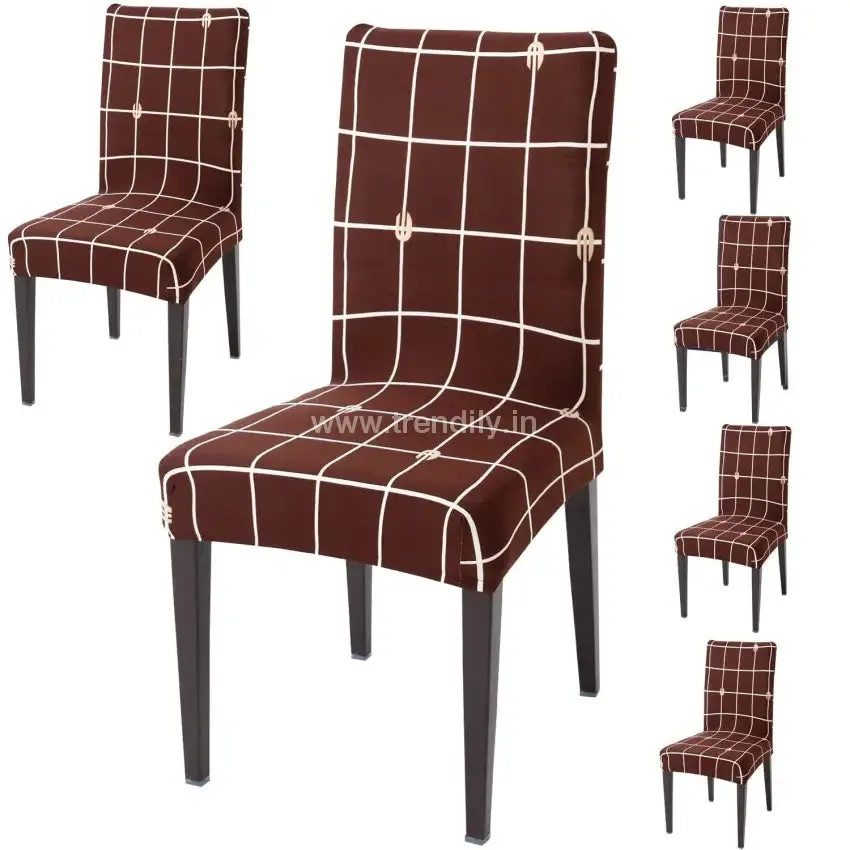 Trendily Premium Wrinkle-Free Stretchable |  Elastic Stretch | Chair Covers, Check Brown (CC-024)