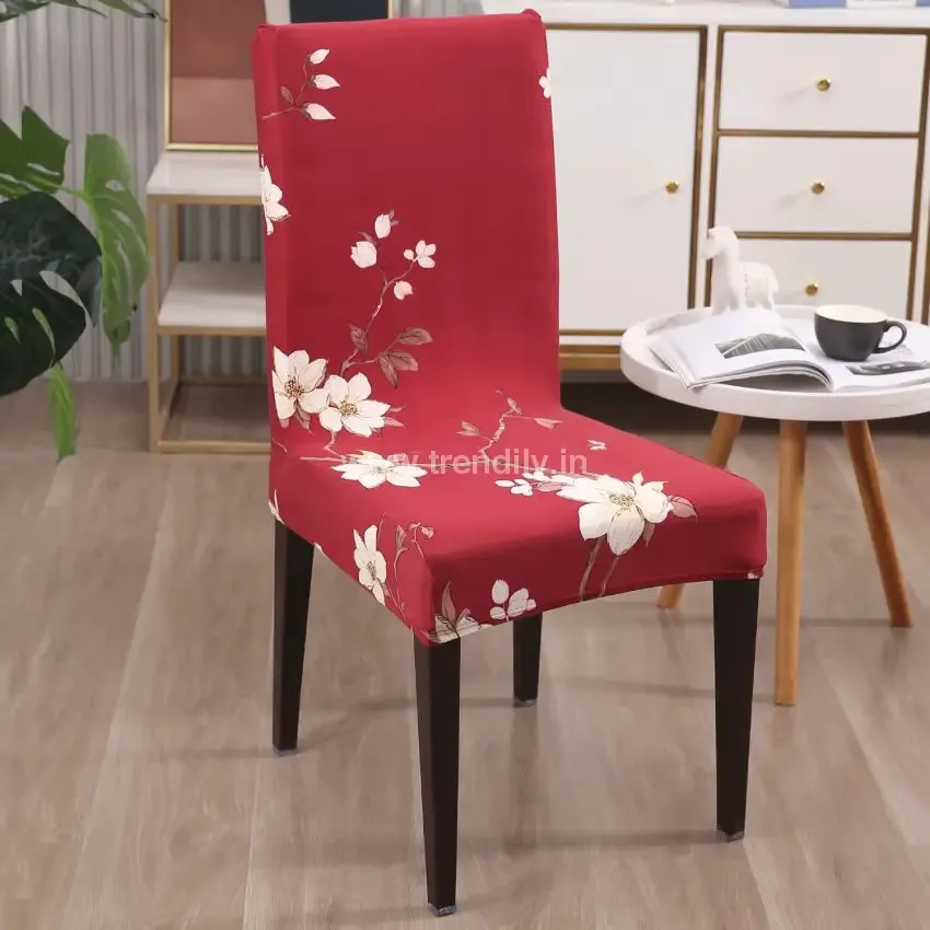 Trendily Premium Wrinkle-Free Stretchable |  Elastic Stretch |Chair Covers , NEW RED FLOWER  (CC-012)