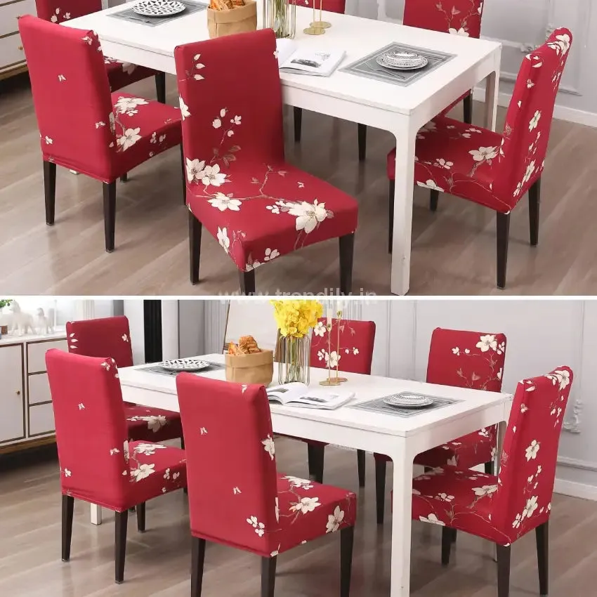 Trendily Premium Wrinkle-Free Stretchable |  Elastic Stretch |Chair Covers , NEW RED FLOWER  (CC-012)