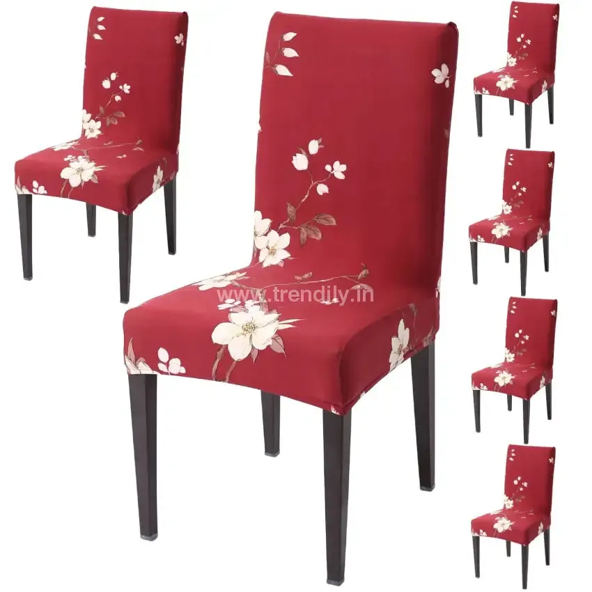 Trendily Premium Wrinkle-Free Stretchable |  Elastic Stretch |Chair Covers , NEW RED FLOWER  (CC-012)