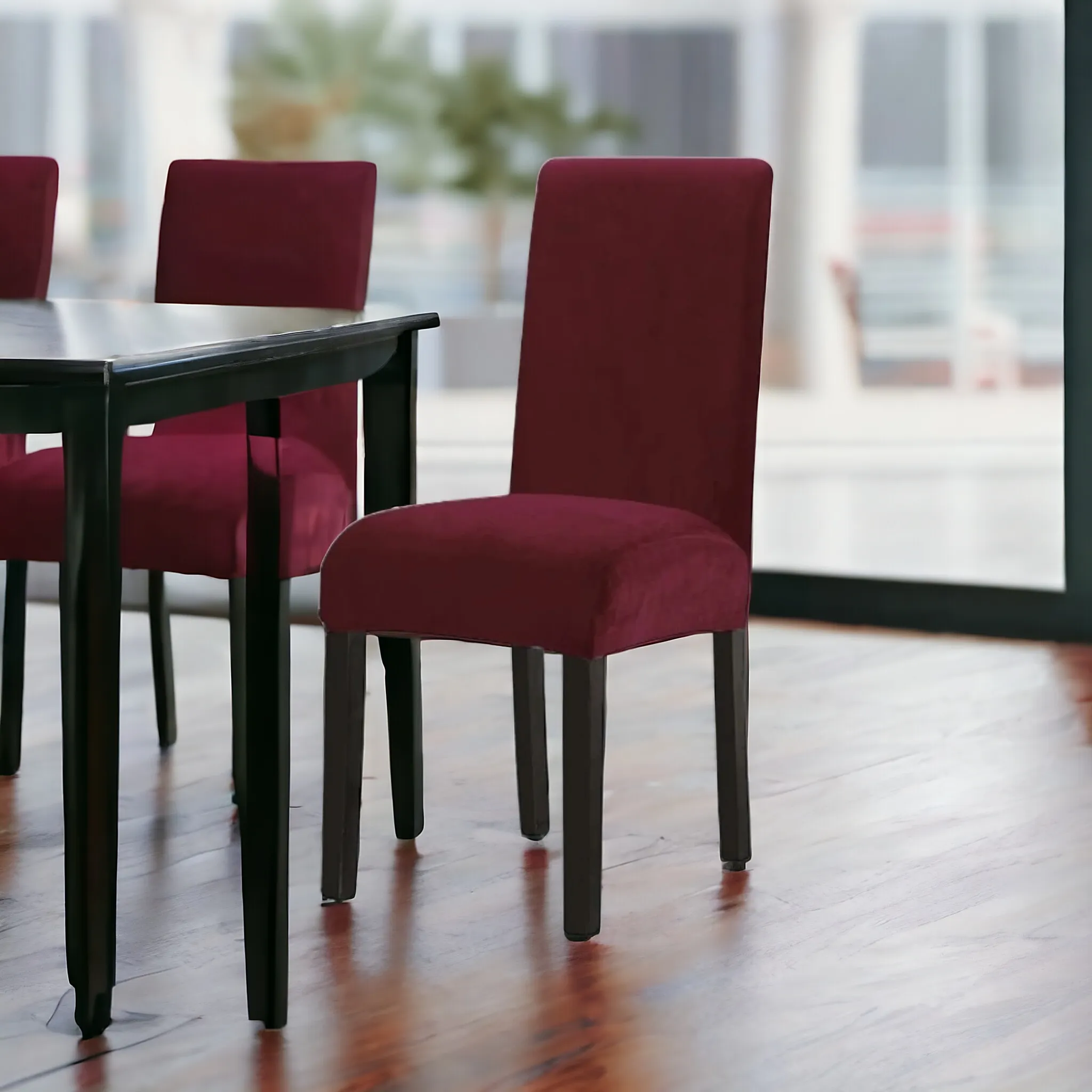 Trendily Premium Wrinkle-Free Stretchable | Washable Plain Velvet Chair Covers, Red-Wine  (CC-126)