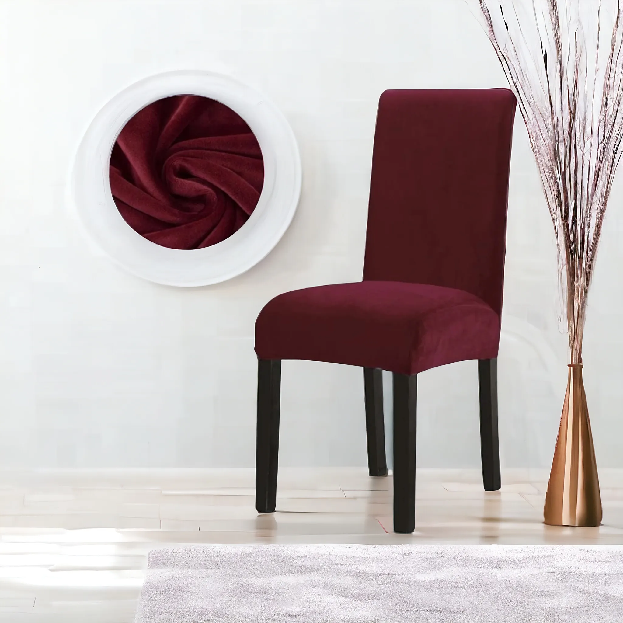 Trendily Premium Wrinkle-Free Stretchable | Washable Plain Velvet Chair Covers, Red-Wine  (CC-126)