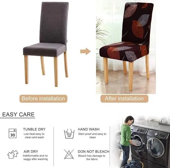 Trendily Premium Wrinkle-Free Stretchable | Washable Printed Chair Covers, Black Leaf Design (CC-090)