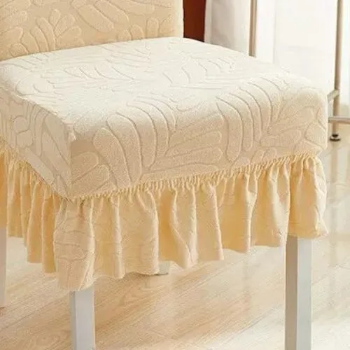 Trendily Premium Wrinkle-Free Stretchable With Elastic Bottom Emboss Frill Leaf Chair Covers | Beige | (CC-178)
