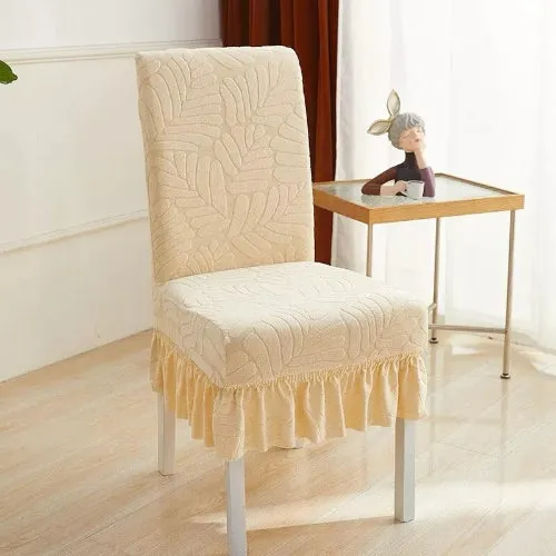 Trendily Premium Wrinkle-Free Stretchable With Elastic Bottom Emboss Frill Leaf Chair Covers | Beige | (CC-178)