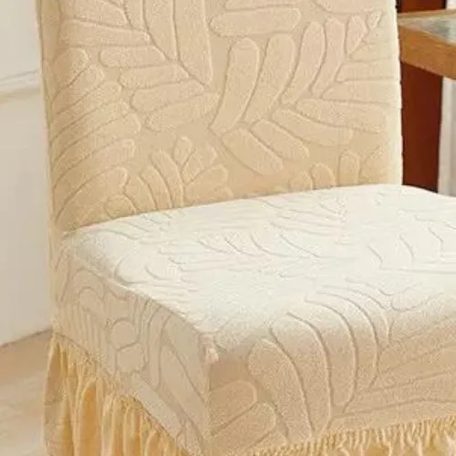Trendily Premium Wrinkle-Free Stretchable With Elastic Bottom Emboss Frill Leaf Chair Covers | Beige | (CC-178)