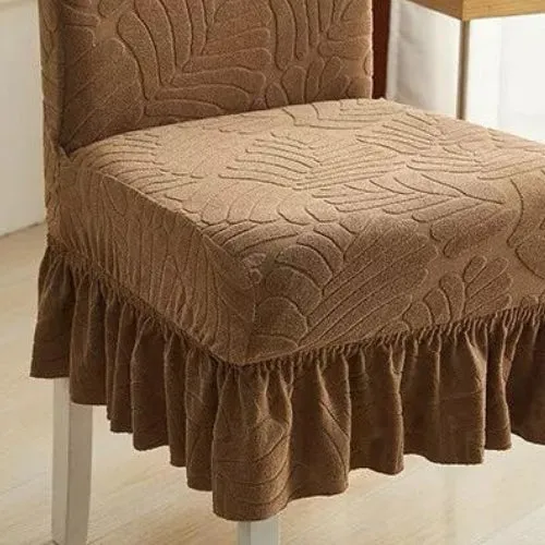 Trendily Premium Wrinkle-Free Stretchable With Elastic Bottom Emboss Frill Leaf Chair Covers | Coffee| (CC-181)
