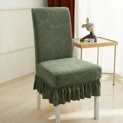 Trendily Premium Wrinkle-Free Stretchable With Elastic Bottom Emboss Frill Leaf Chair Covers | Green | (CC-177)