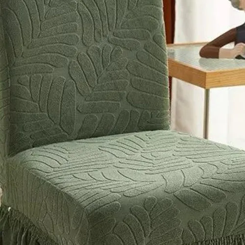 Trendily Premium Wrinkle-Free Stretchable With Elastic Bottom Emboss Frill Leaf Chair Covers | Green | (CC-177)