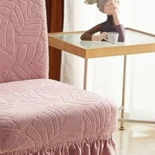 Trendily Premium Wrinkle-Free Stretchable With Elastic Bottom Emboss Frill Leaf Chair Covers | Pink | (CC-180)