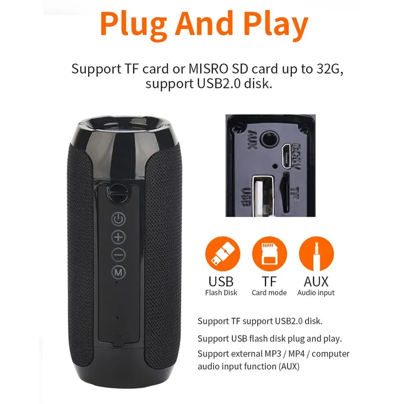 TWS Bluetooth-compatible Portable Waterproof Speaker with Bass Stereo and Support FM Radio