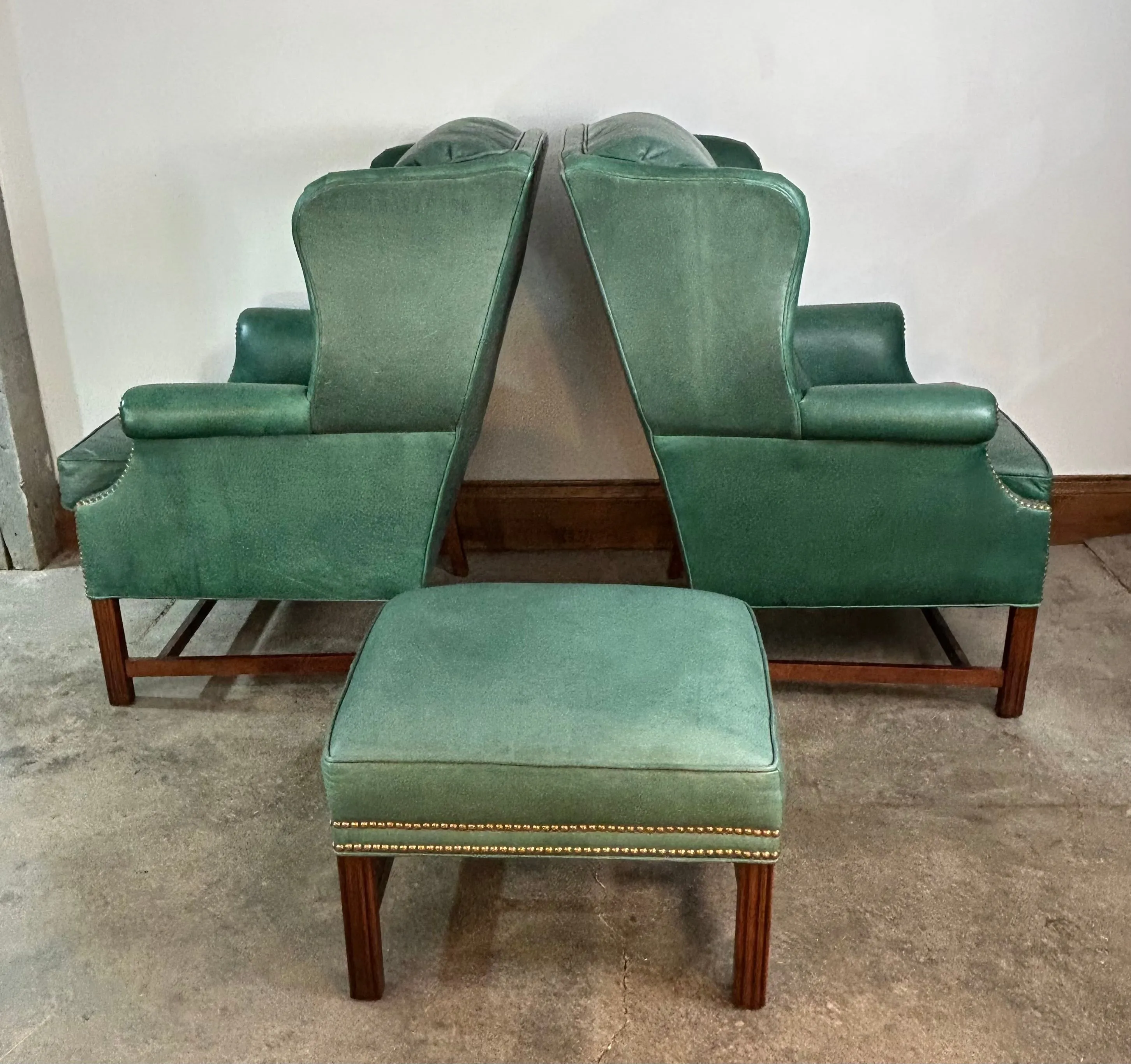 Vintage Conover Leather Chairs, Three Piece Set with Ottoman, Green