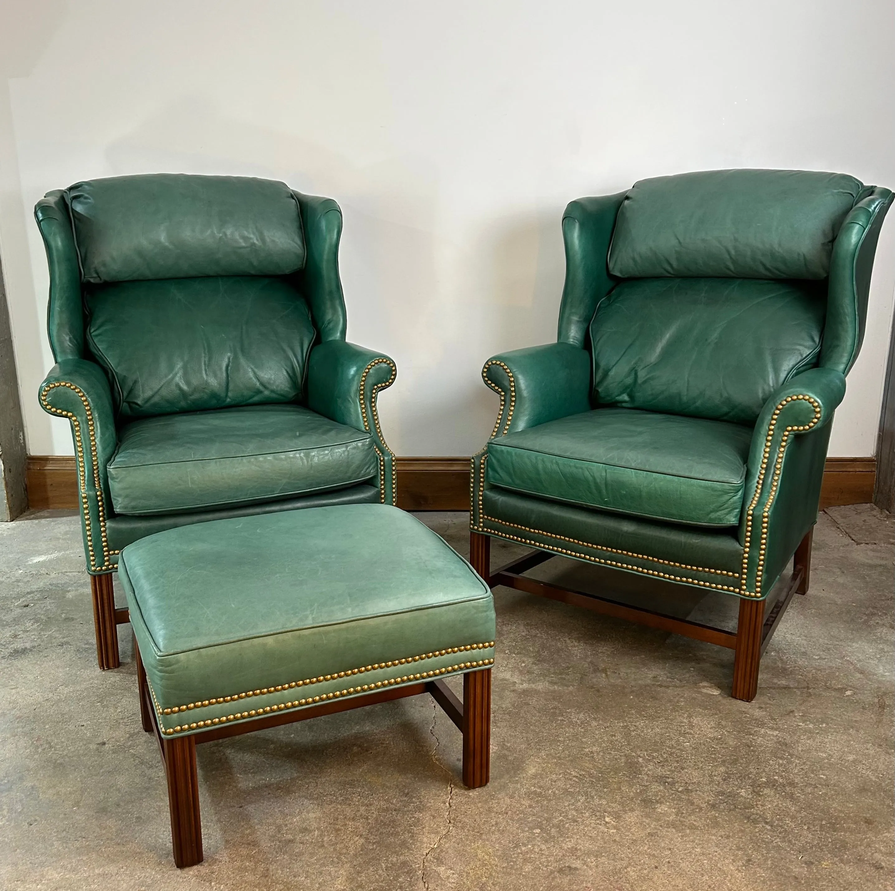 Vintage Conover Leather Chairs, Three Piece Set with Ottoman, Green
