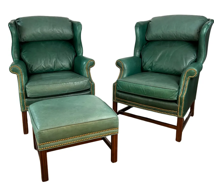 Vintage Conover Leather Chairs, Three Piece Set with Ottoman, Green